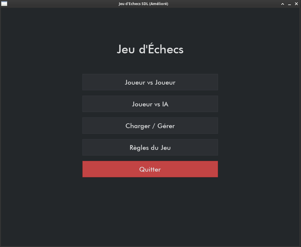 Menu principal du jeu d'échecs